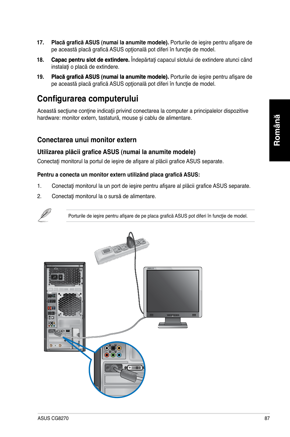 Configurarea computerului, Română, Conectarea.unui.monitor.extern | Asus CG8270 User Manual | Page 89 / 218