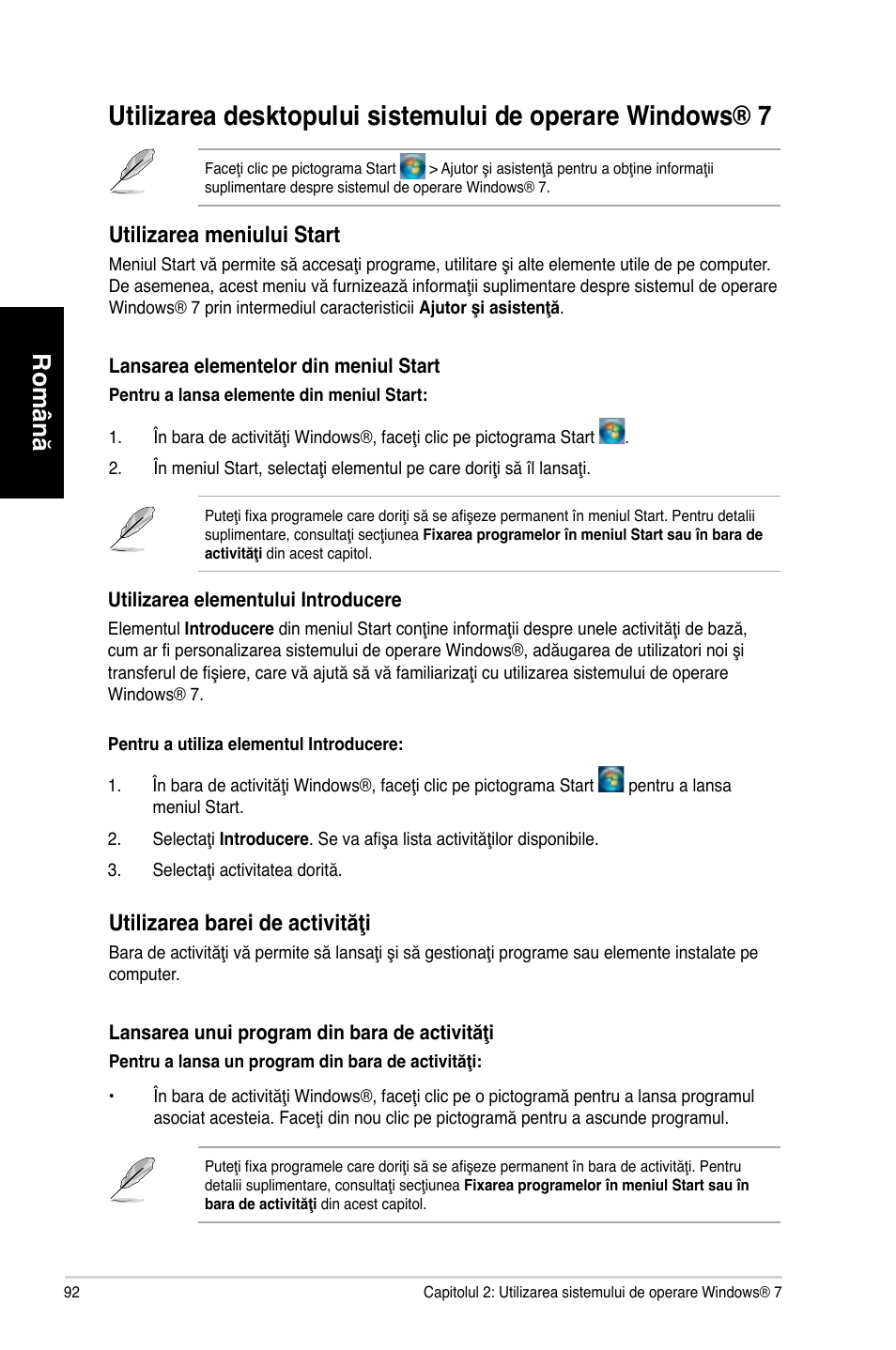 Română, Utilizarea.meniului.start, Utilizarea barei de activităţi | Asus CG8270 User Manual | Page 94 / 218