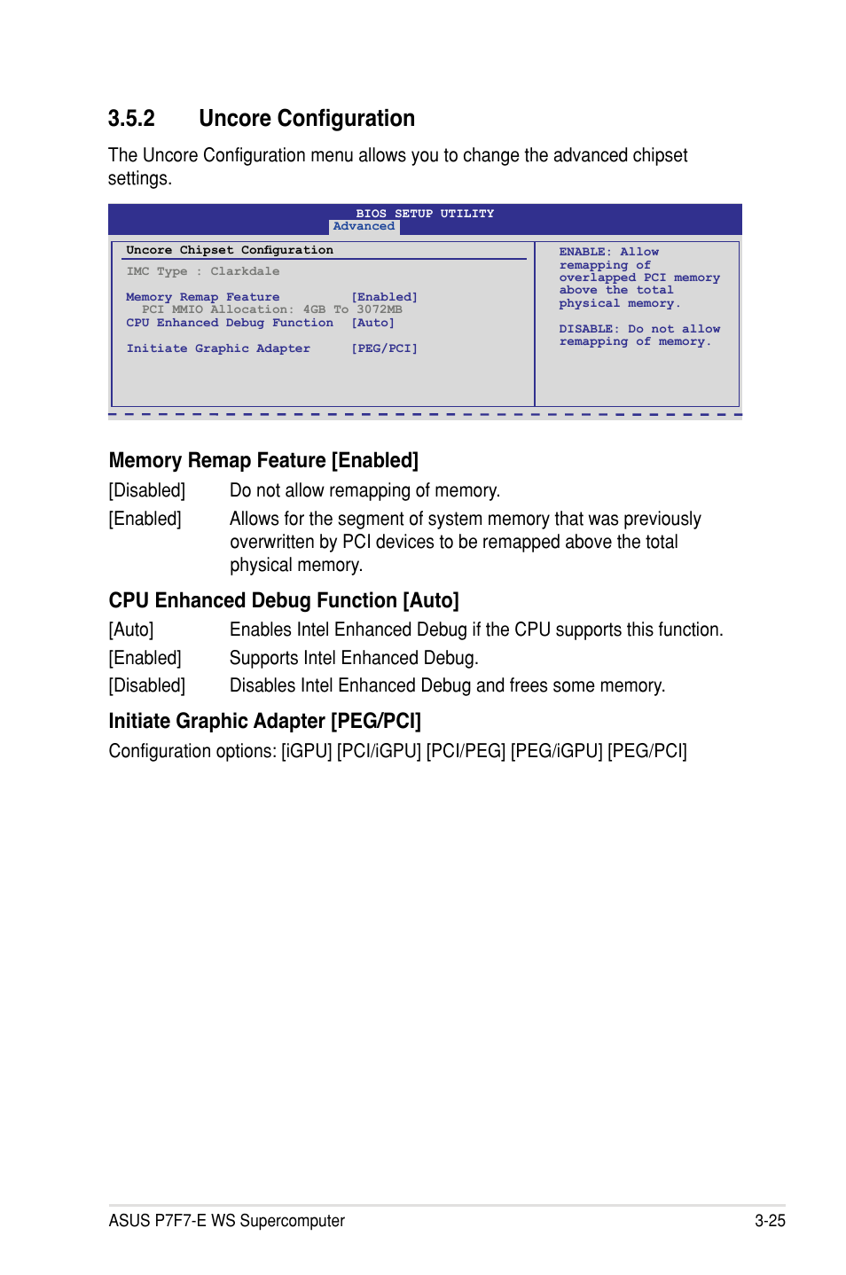 2 uncore configuration, Cpu enhanced debug function [auto, Initiate graphic adapter [peg/pci | Asus P7F7-E WS Supercomputer User Manual | Page 101 / 170