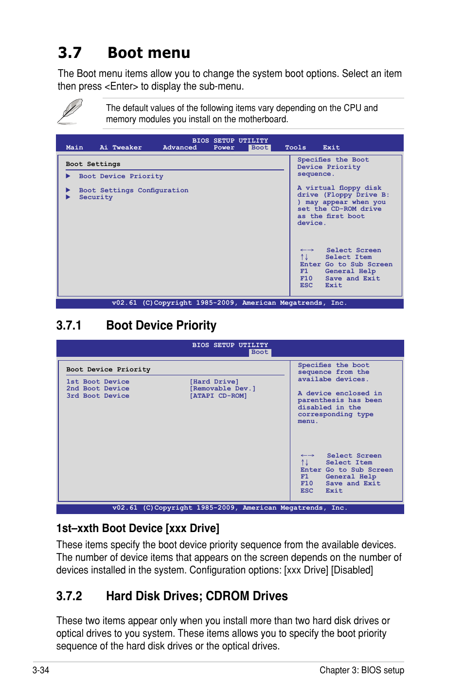 7 boot menu, 1 boot device priority, 2 hard disk drives; cdrom drives | 1st–xxth boot device [xxx drive | Asus P7F7-E WS Supercomputer User Manual | Page 110 / 170