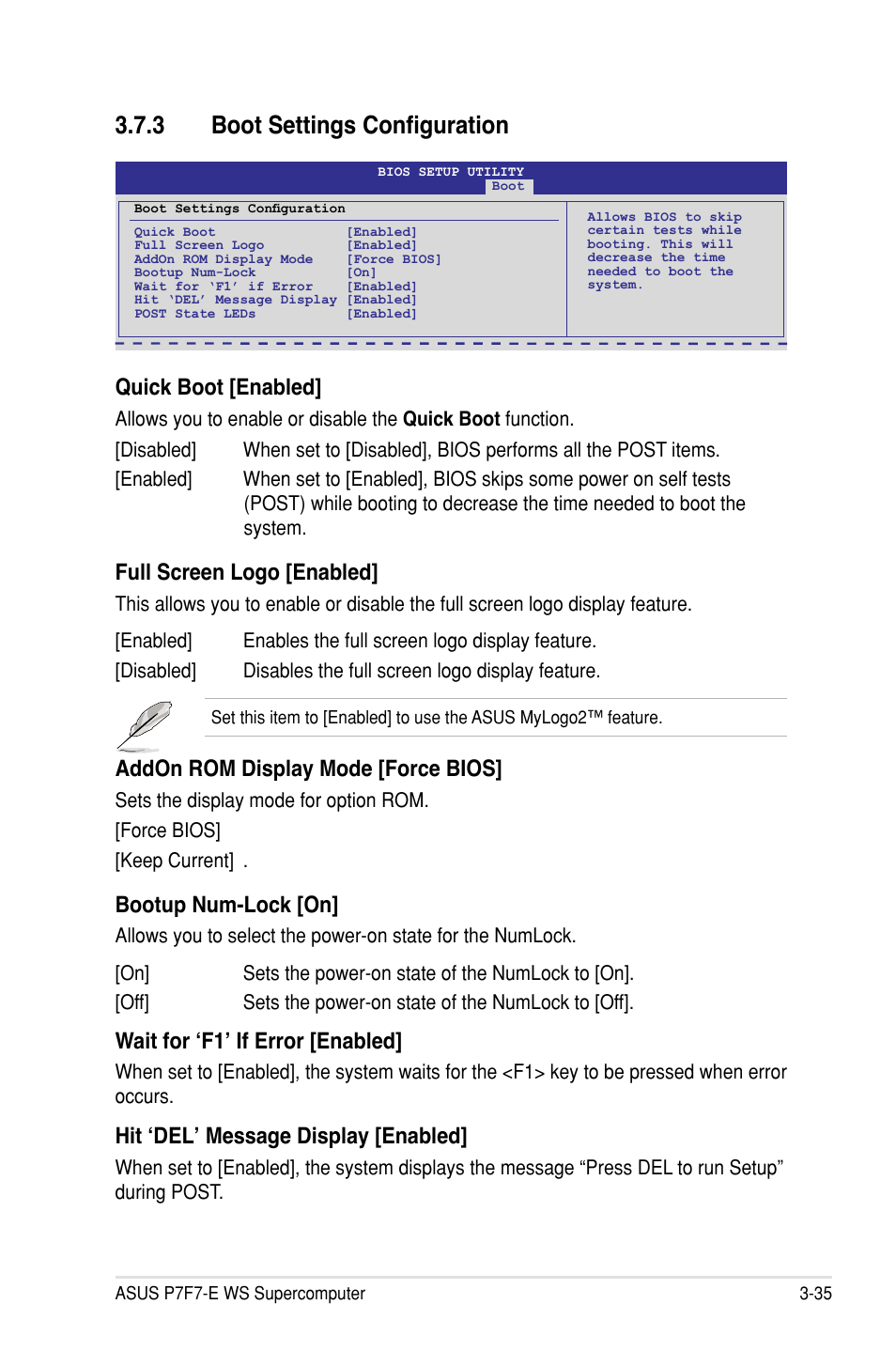 � boot settings configuration, Quick boot [enabled, Full screen logo [enabled | Addon rom display mode [force bios, Bootup num-lock [on, Wait for ‘f1’ if error [enabled, Hit ‘del’ message display [enabled | Asus P7F7-E WS Supercomputer User Manual | Page 111 / 170