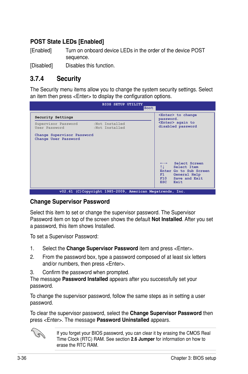 4 security, Change supervisor password, Post state leds [enabled | Asus P7F7-E WS Supercomputer User Manual | Page 112 / 170