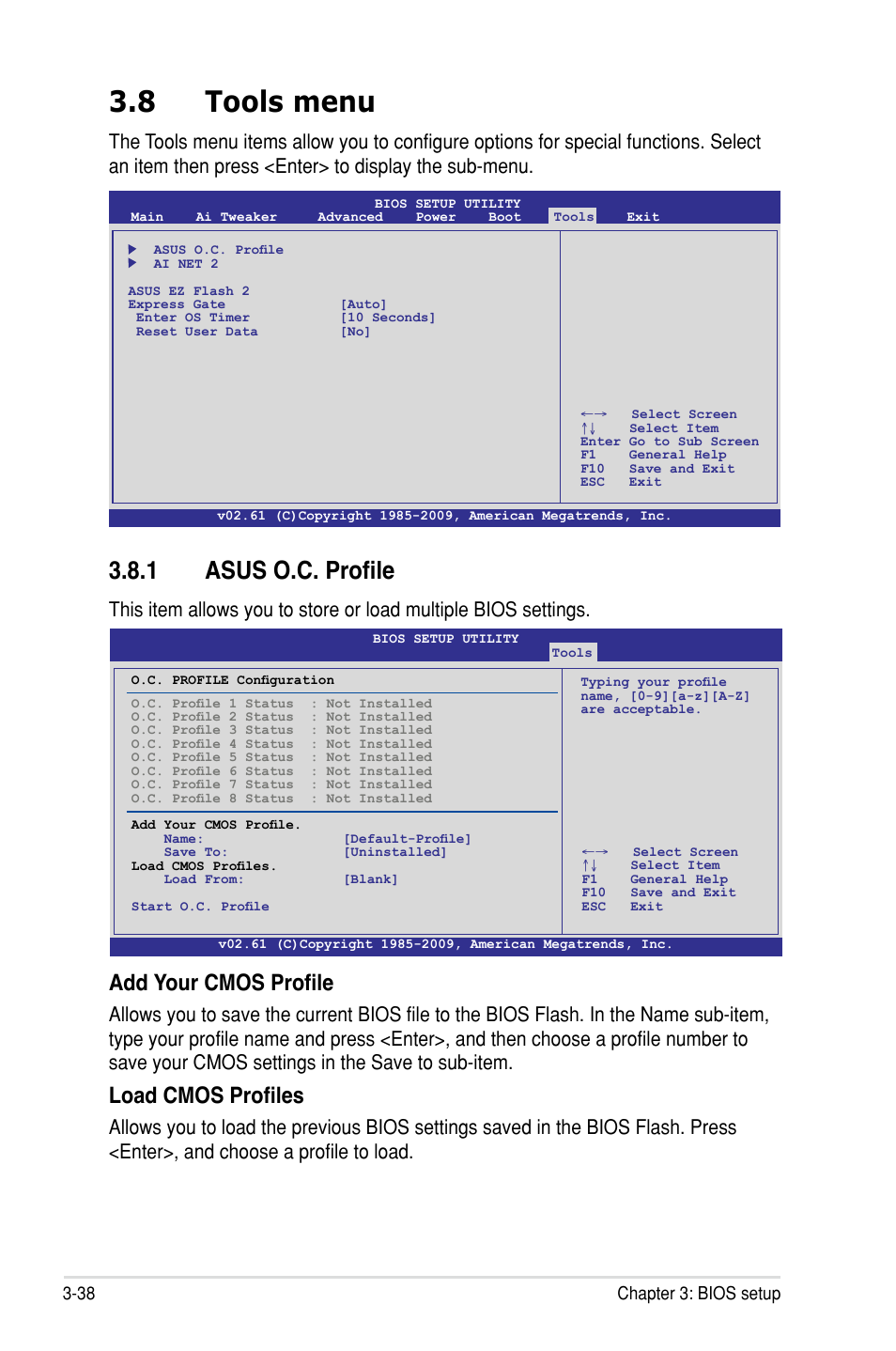 8 tools menu, 1 asus o.c. profile, Add your cmos profile | Load cmos profiles | Asus P7F7-E WS Supercomputer User Manual | Page 114 / 170