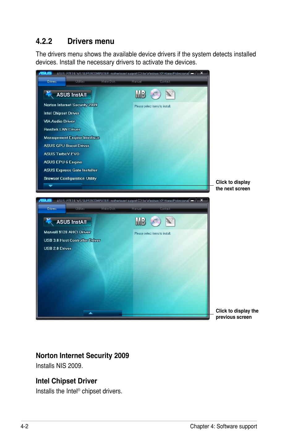 2 drivers menu, Norton internet security 2009, Intel chipset driver | Asus P7F7-E WS Supercomputer User Manual | Page 122 / 170