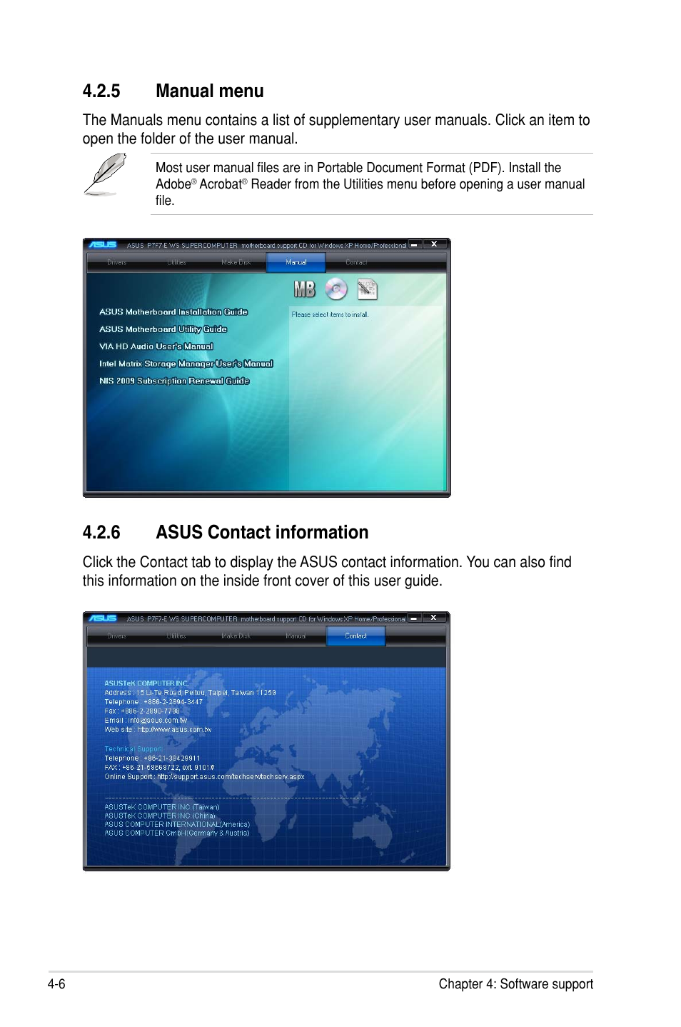 6 asus contact information, 5 manual menu | Asus P7F7-E WS Supercomputer User Manual | Page 126 / 170