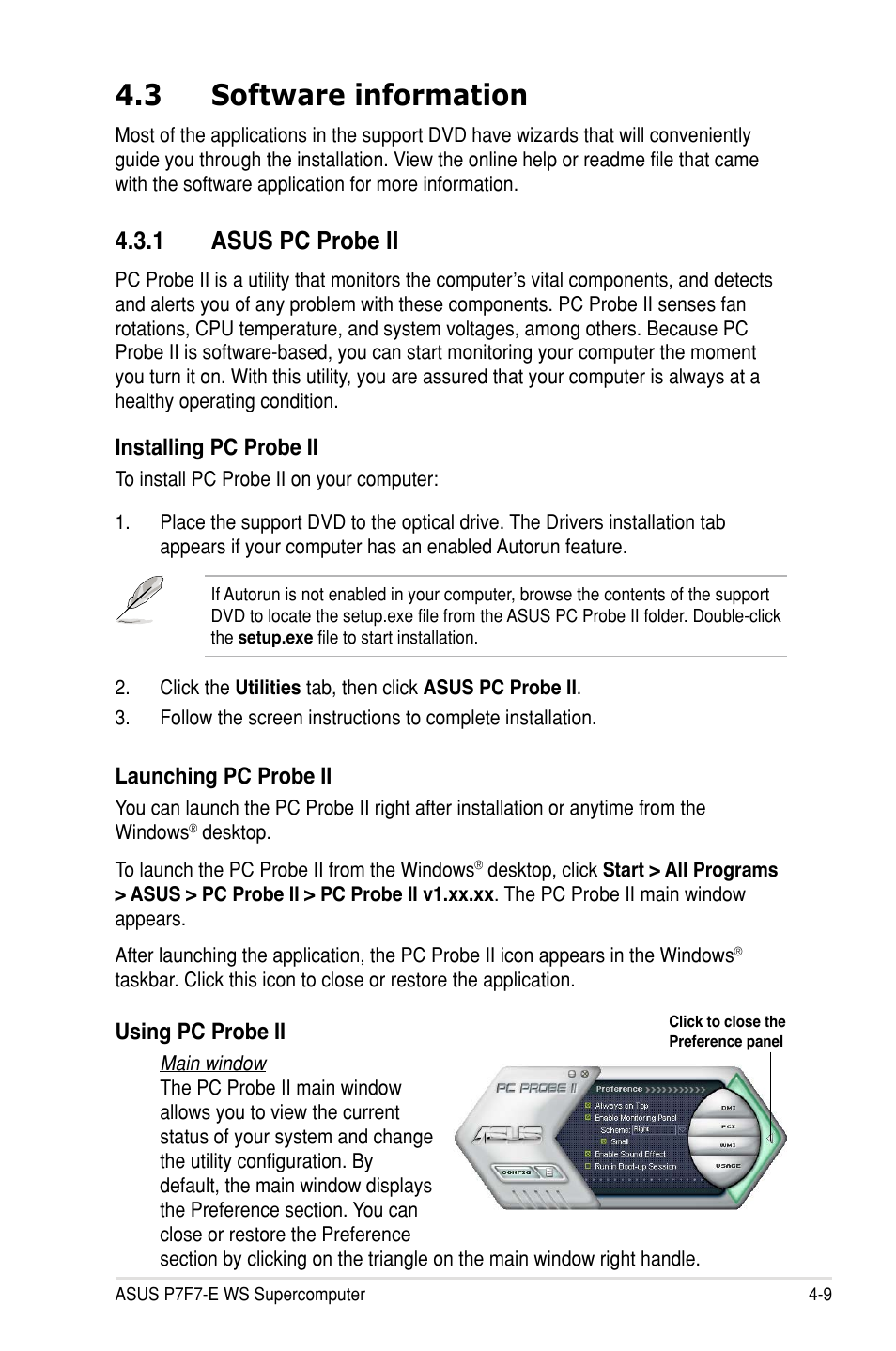 3 software information, 1 asus pc probe ii | Asus P7F7-E WS Supercomputer User Manual | Page 129 / 170