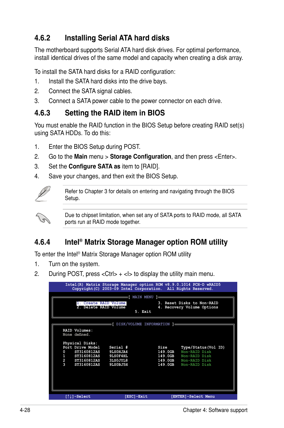 4 intel, Matrix storage manager option rom utility, 3 setting the raid item in bios | 2 installing serial ata hard disks | Asus P7F7-E WS Supercomputer User Manual | Page 148 / 170