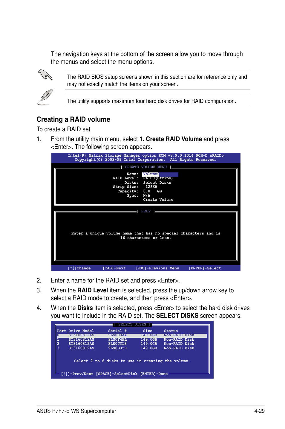 Creating a raid volume | Asus P7F7-E WS Supercomputer User Manual | Page 149 / 170