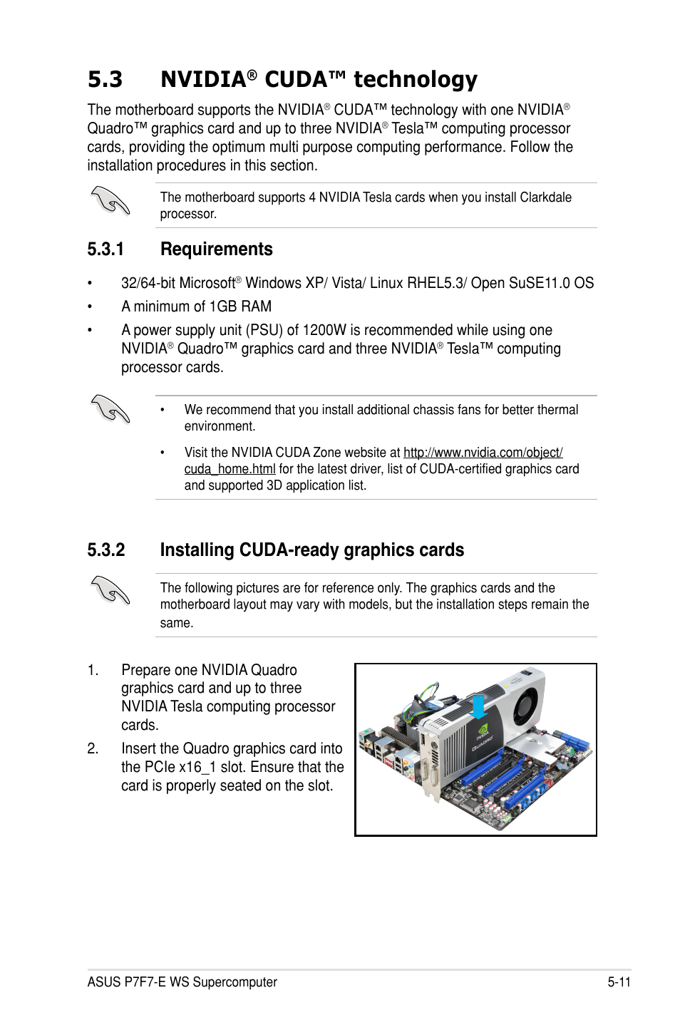 3 nvidia, Cuda™ technology, 1 requirements | 2 installing cuda-ready graphics cards | Asus P7F7-E WS Supercomputer User Manual | Page 169 / 170