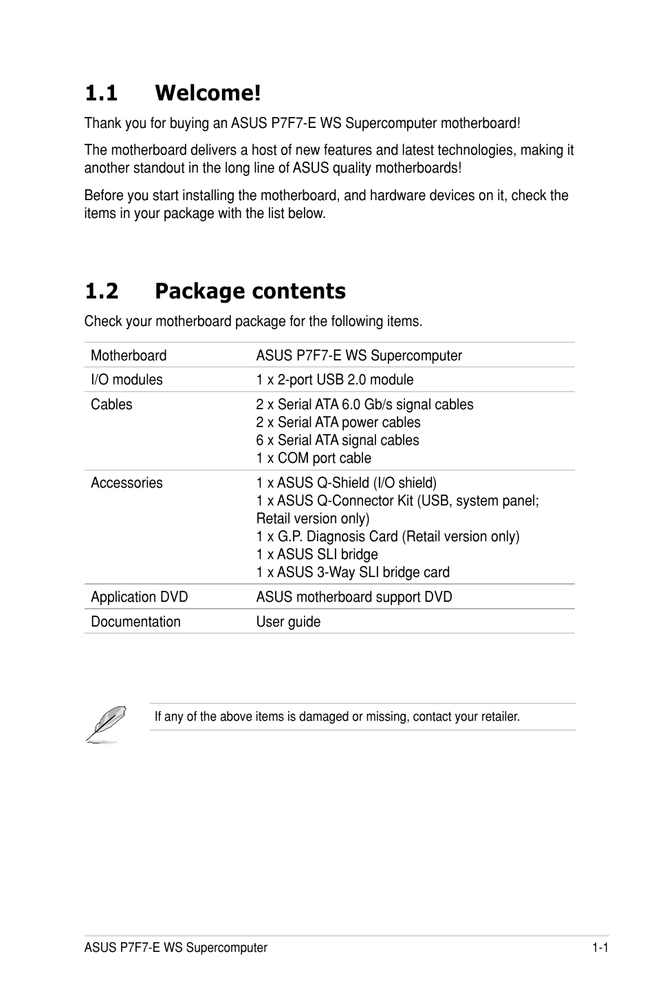 1 welcome, 2 package contents | Asus P7F7-E WS Supercomputer User Manual | Page 17 / 170