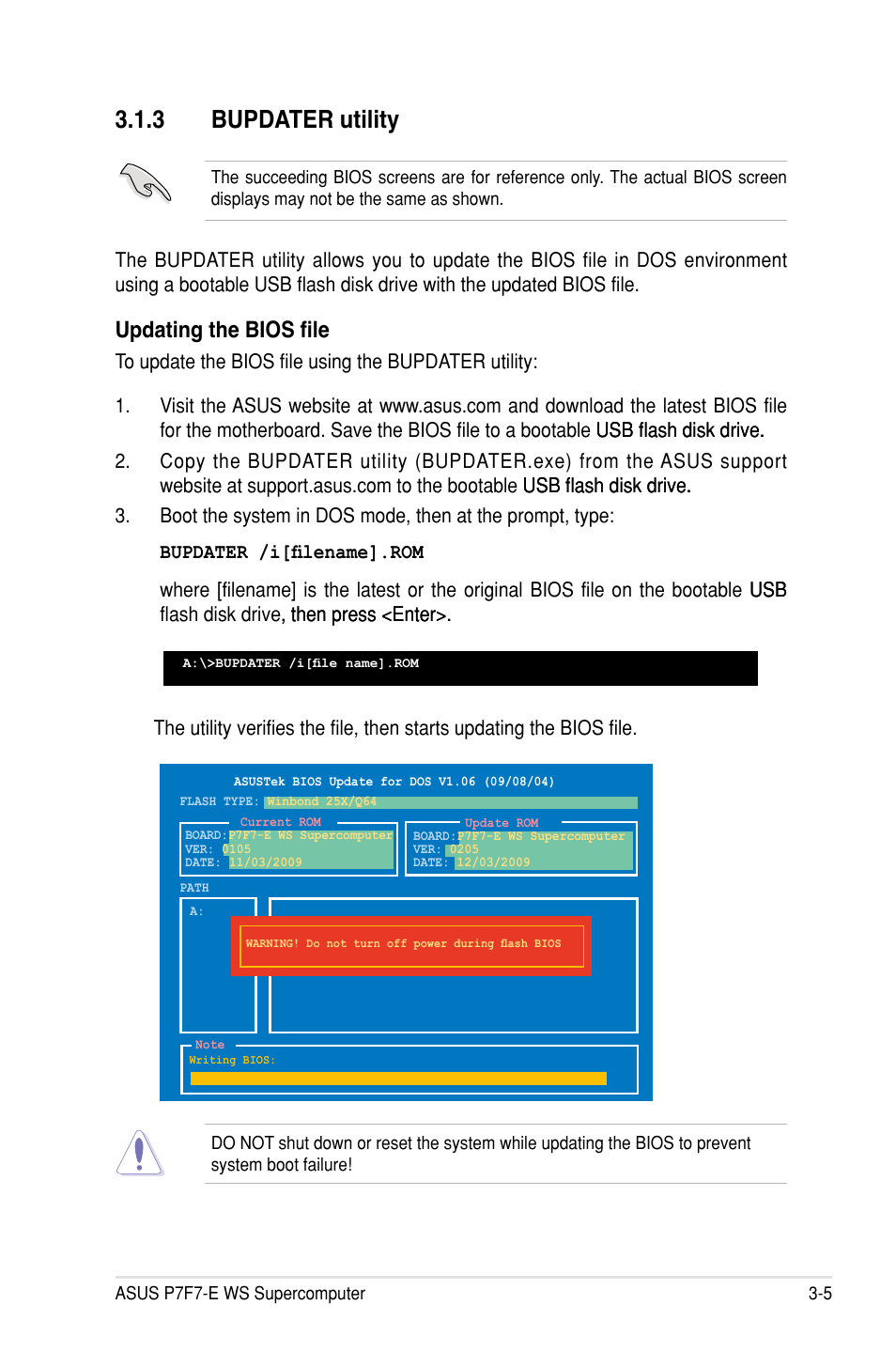 3 bupdater utility, Updating the bios file | Asus P7F7-E WS Supercomputer User Manual | Page 81 / 170