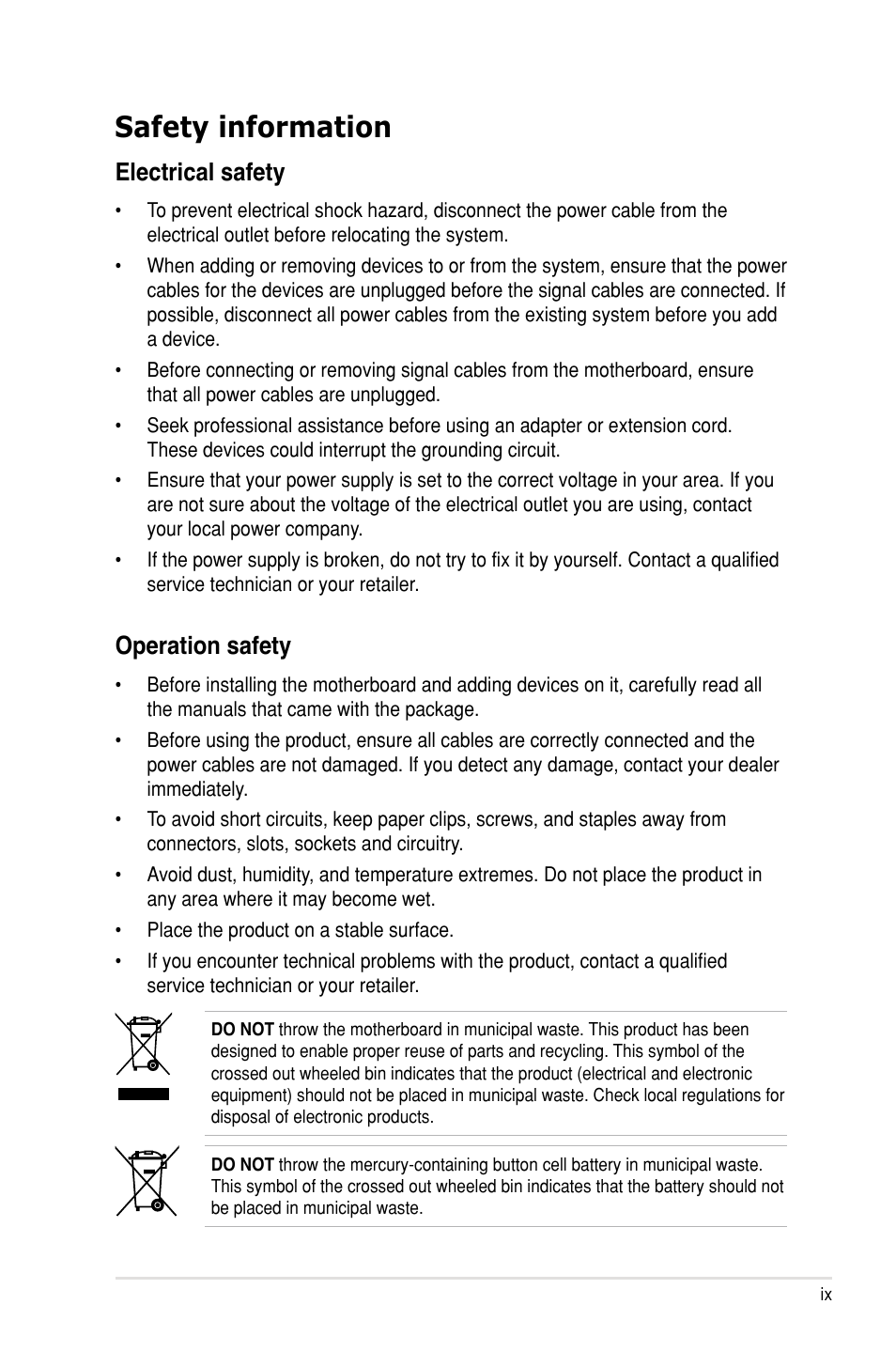 Safety information, Electrical safety, Operation safety | Asus P7F7-E WS Supercomputer User Manual | Page 9 / 170