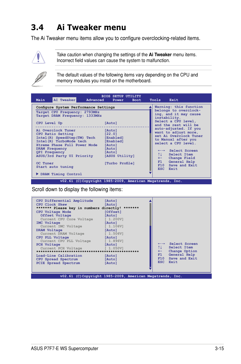 4 ai tweaker menu, Scroll down to display the following items | Asus P7F7-E WS Supercomputer User Manual | Page 91 / 170