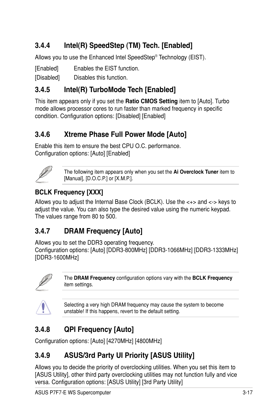 4 intel(r) speedstep (tm) tech. [enabled, 5 intel(r) turbomode tech [enabled, 6 xtreme phase full power mode [auto | 7 dram frequency [auto, 8 qpi frequency [auto, 9 asus/3rd party ui priority [asus utility | Asus P7F7-E WS Supercomputer User Manual | Page 93 / 170