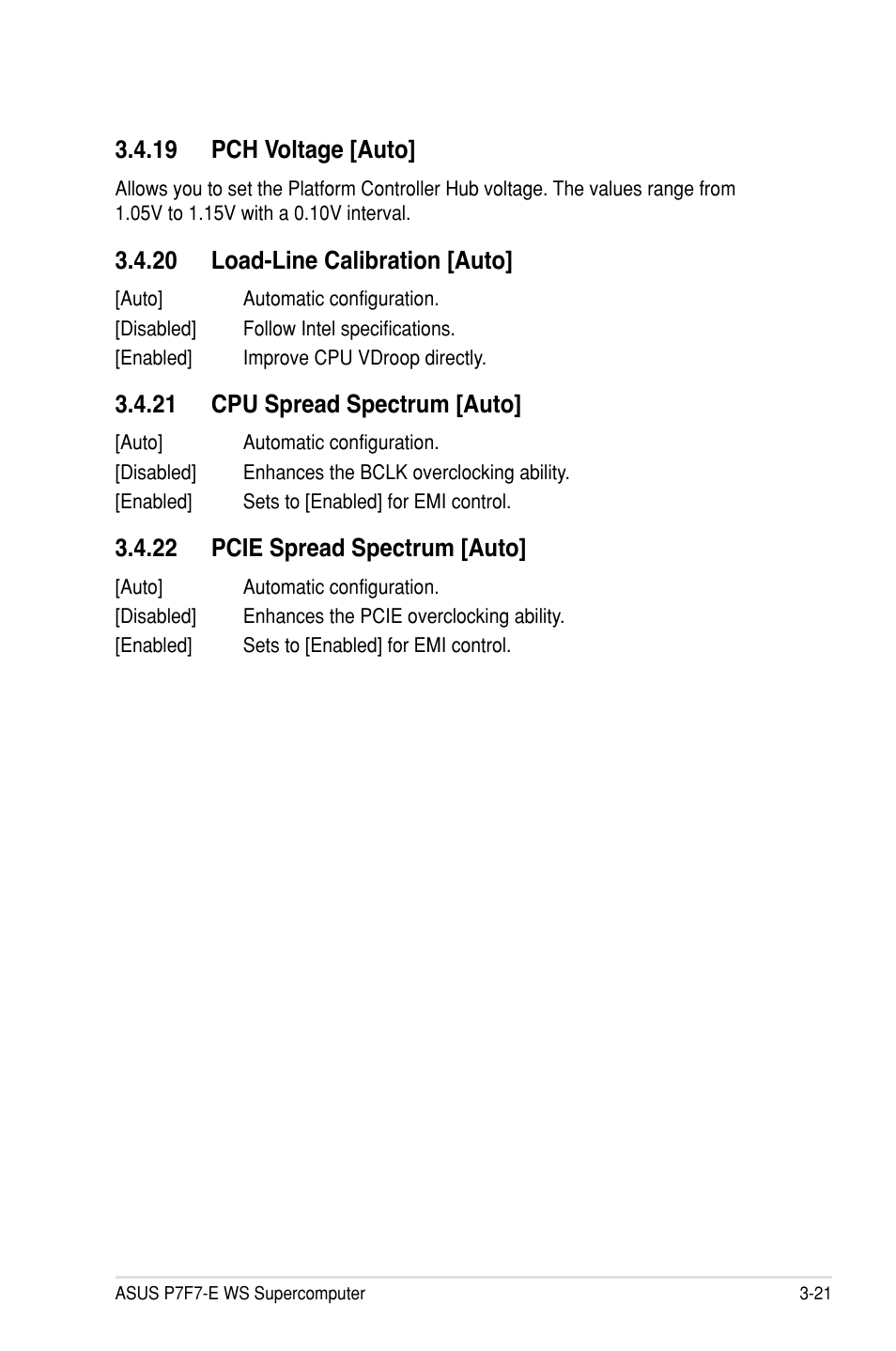 19 pch voltage [auto, 20 load-line calibration [auto, 21 cpu spread spectrum [auto | 22 pcie spread spectrum [auto | Asus P7F7-E WS Supercomputer User Manual | Page 97 / 170