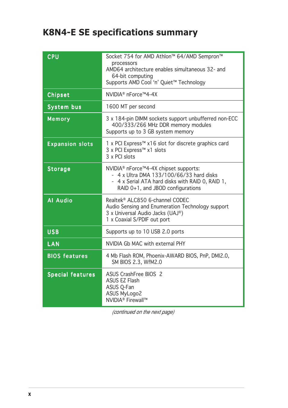 K8n4-e se specifications summary | Asus K8N4-E SE User Manual | Page 10 / 90