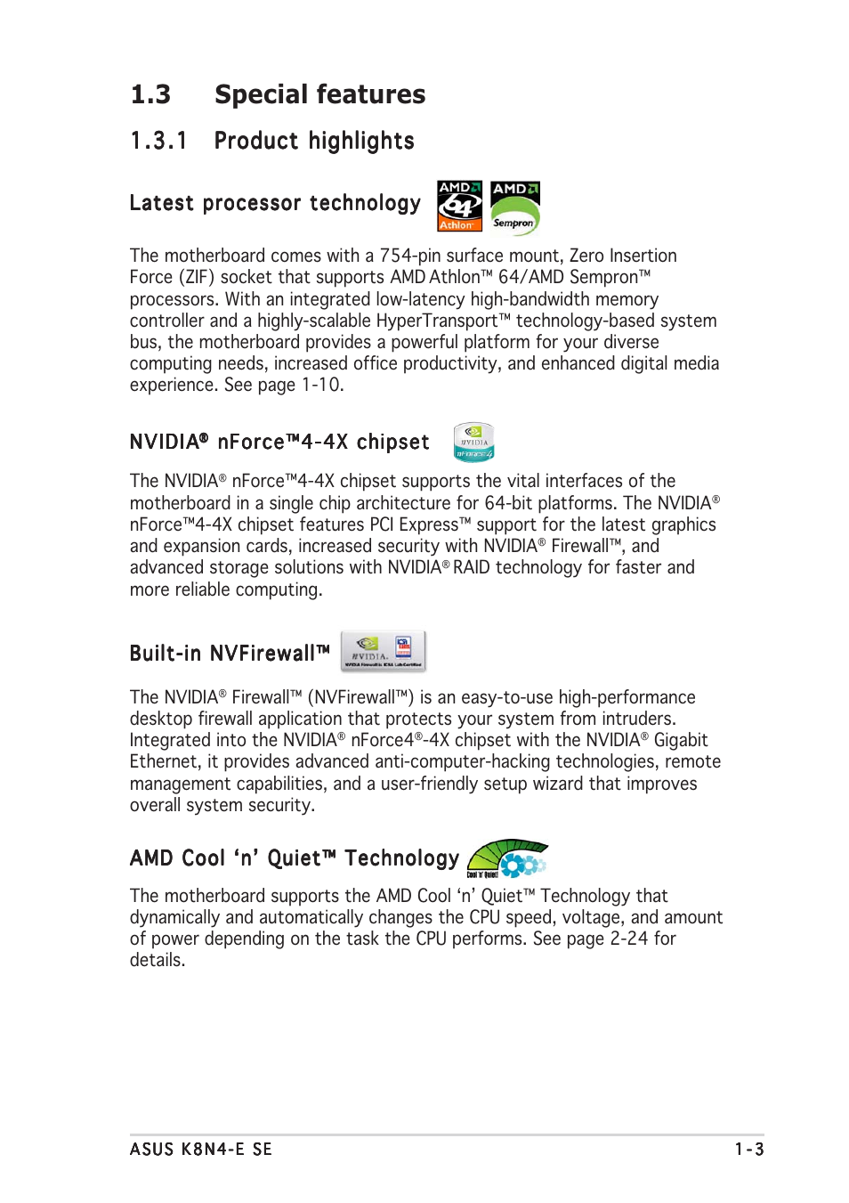 3 special features | Asus K8N4-E SE User Manual | Page 15 / 90