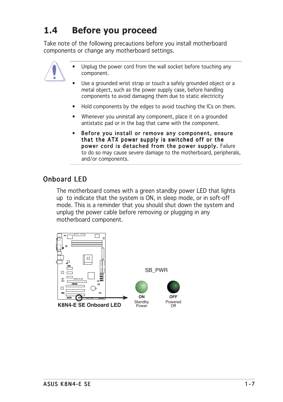 4 before you proceed, Onboard led | Asus K8N4-E SE User Manual | Page 19 / 90