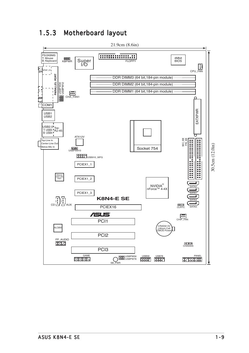 5cm (12.0in), K8n4-e se, Super i/o | 9cm (8.6in), Pci1 pci2 pci3 | Asus K8N4-E SE User Manual | Page 21 / 90