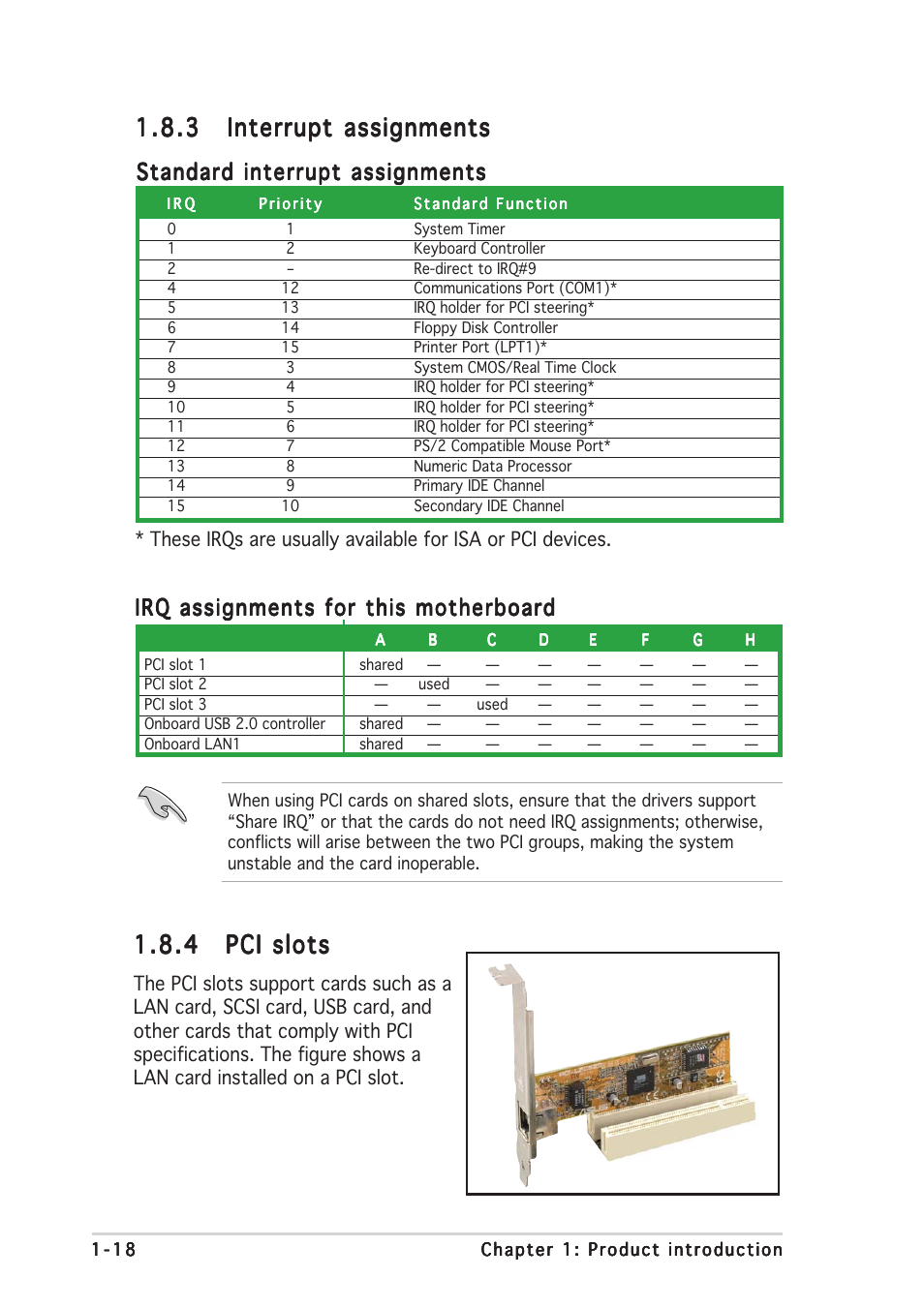 Standard interrupt assignments, Irq assignments for this motherboard | Asus K8N4-E SE User Manual | Page 30 / 90