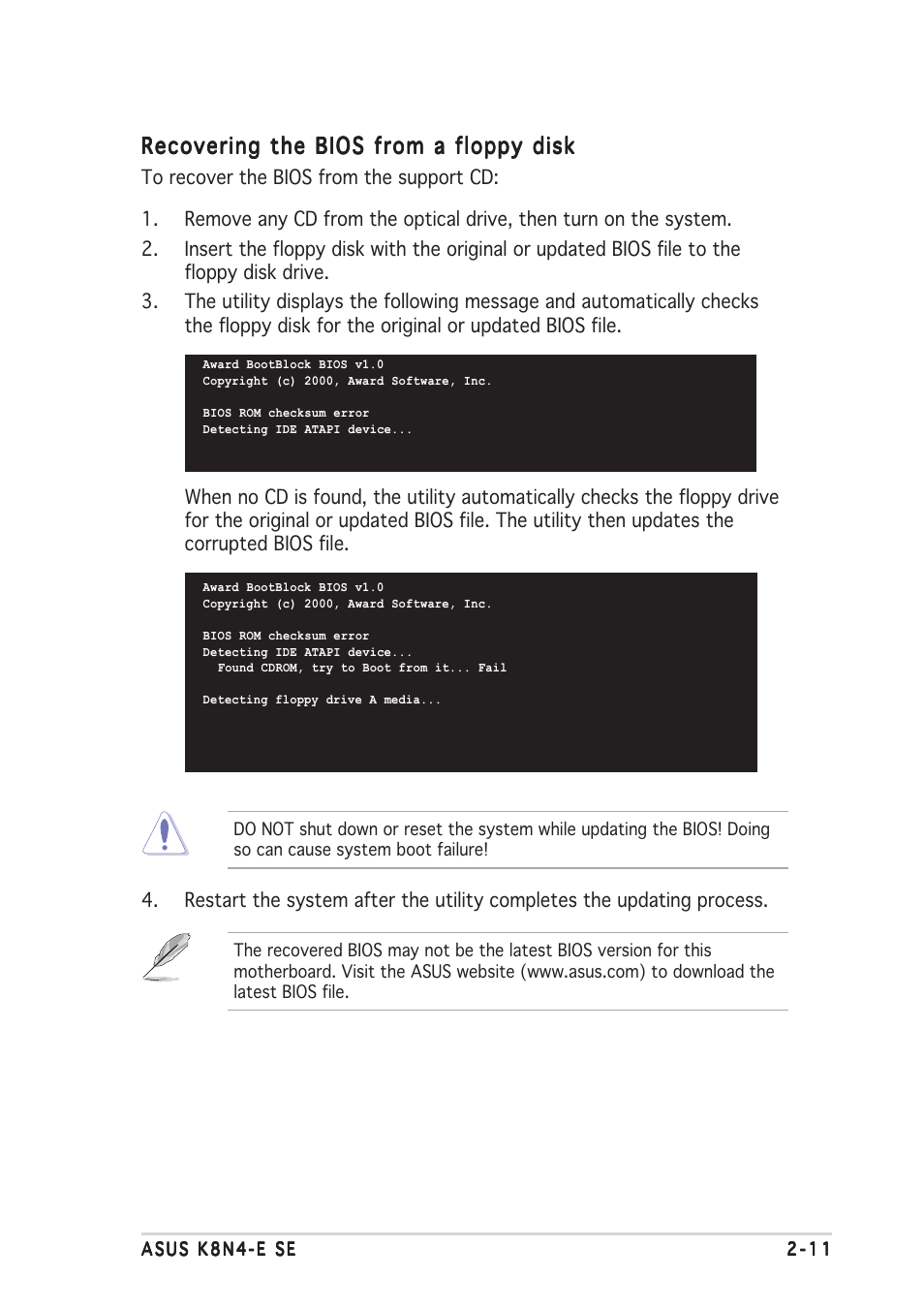 Recovering the bios from a floppy disk | Asus K8N4-E SE User Manual | Page 55 / 90