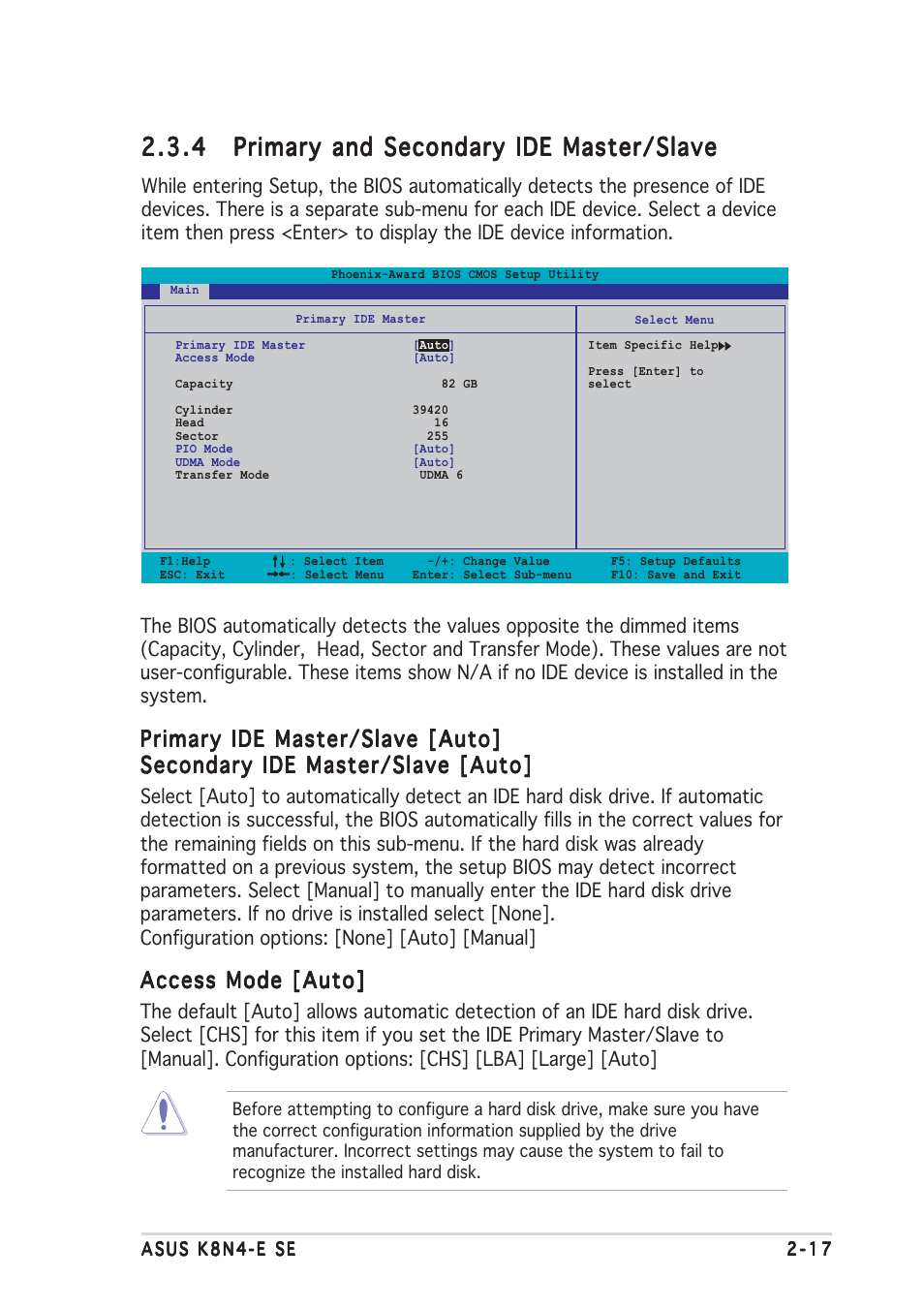 Primary ide master/slave [auto, Access mode [auto | Asus K8N4-E SE User Manual | Page 61 / 90