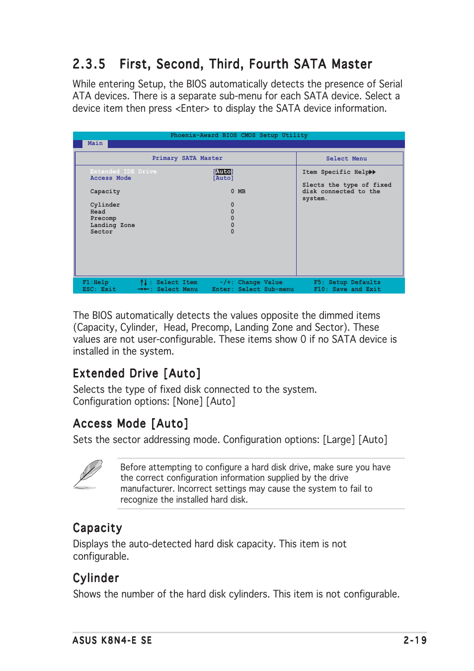 Extended drive [auto, Access mode [auto, Capacity | Cylinder | Asus K8N4-E SE User Manual | Page 63 / 90