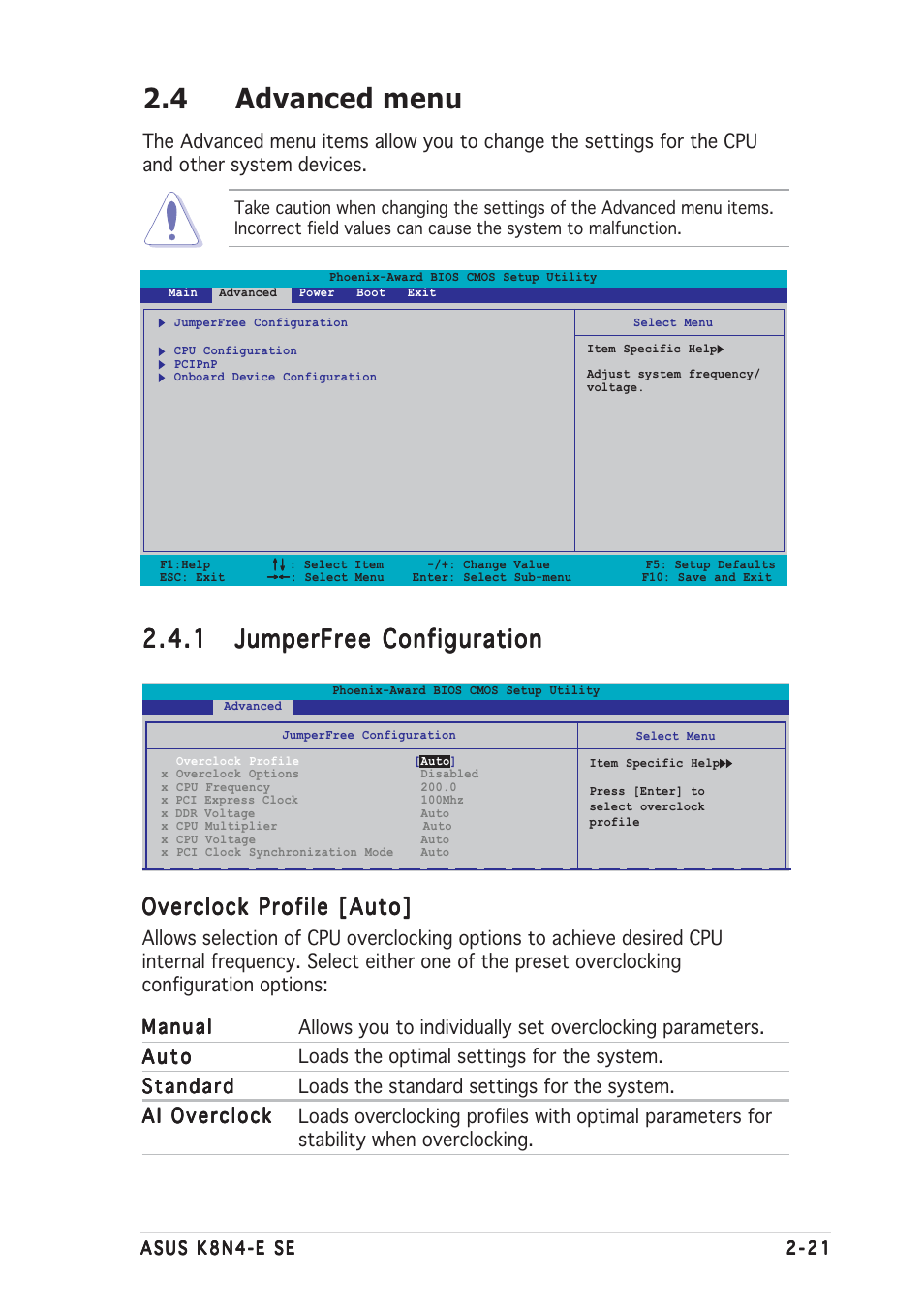 4 advanced menu, Overclock profile [auto | Asus K8N4-E SE User Manual | Page 65 / 90
