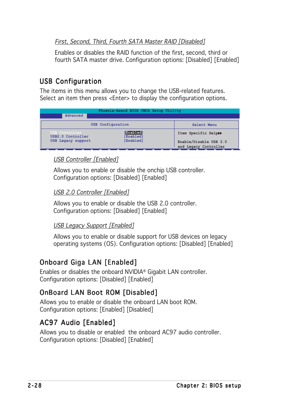 Usb configuration, Onboard giga lan [enabled, Onboard lan boot rom [disabled | Ac97 audio [enabled | Asus K8N4-E SE User Manual | Page 72 / 90