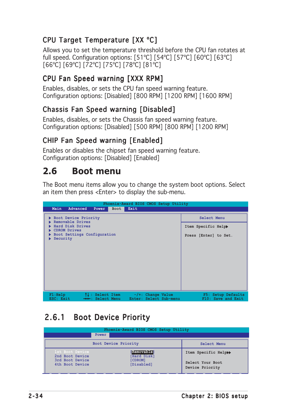 6 boot menu, Cpu target temperature [xx ºc, Cpu fan speed warning [xxx rpm | Chassis fan speed warning [disabled, Chip fan speed warning [enabled | Asus K8N4-E SE User Manual | Page 78 / 90