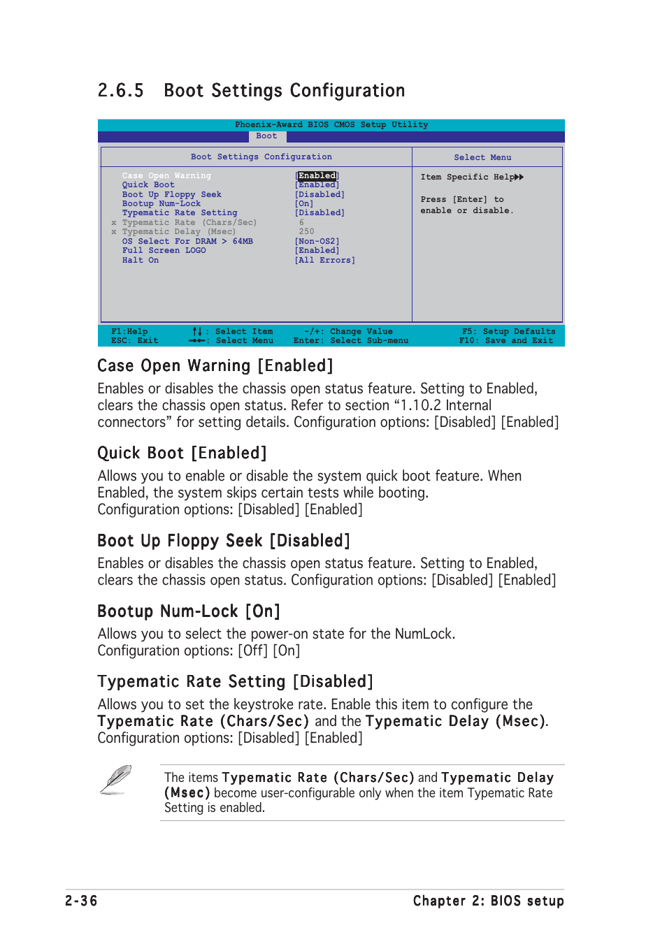 Case open warning [enabled, Quick boot [enabled, Boot up floppy seek [disabled | Bootup num-lock [on, Typematic rate setting [disabled | Asus K8N4-E SE User Manual | Page 80 / 90