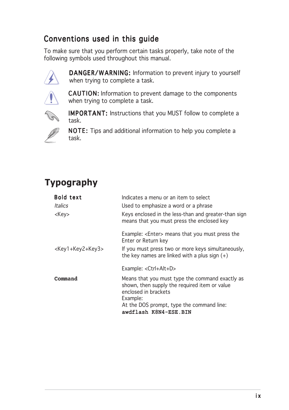 Typography, Conventions used in this guide | Asus K8N4-E SE User Manual | Page 9 / 90