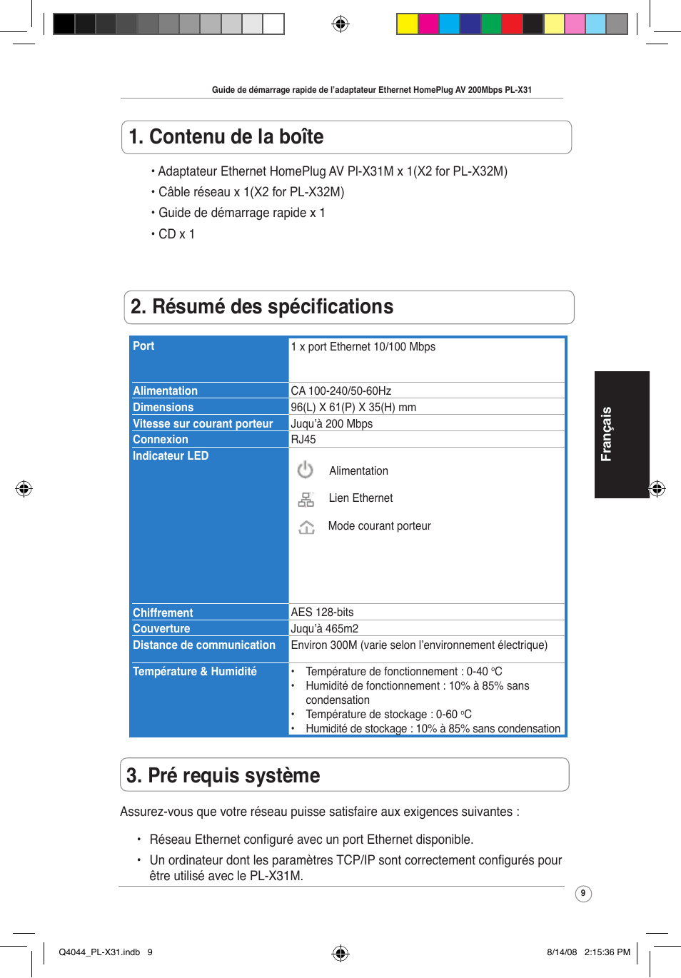 Contenu de la boîte, Résumé des spécifications, Pré requis système | Asus PL-X31M/PL-X32M User Manual | Page 12 / 105