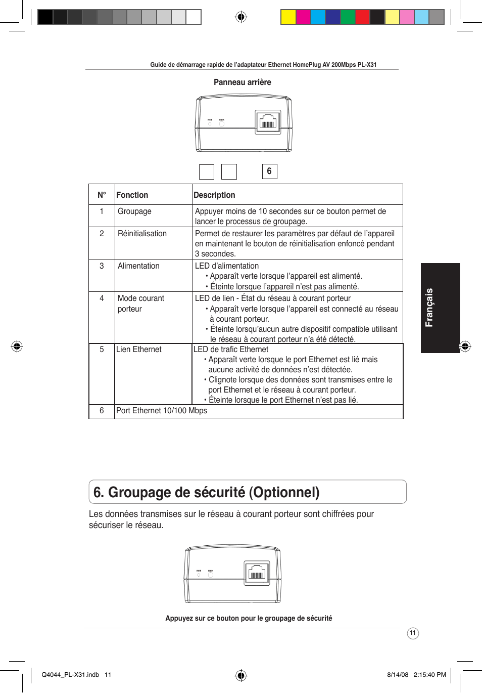 Groupage de sécurité (optionnel) | Asus PL-X31M/PL-X32M User Manual | Page 14 / 105