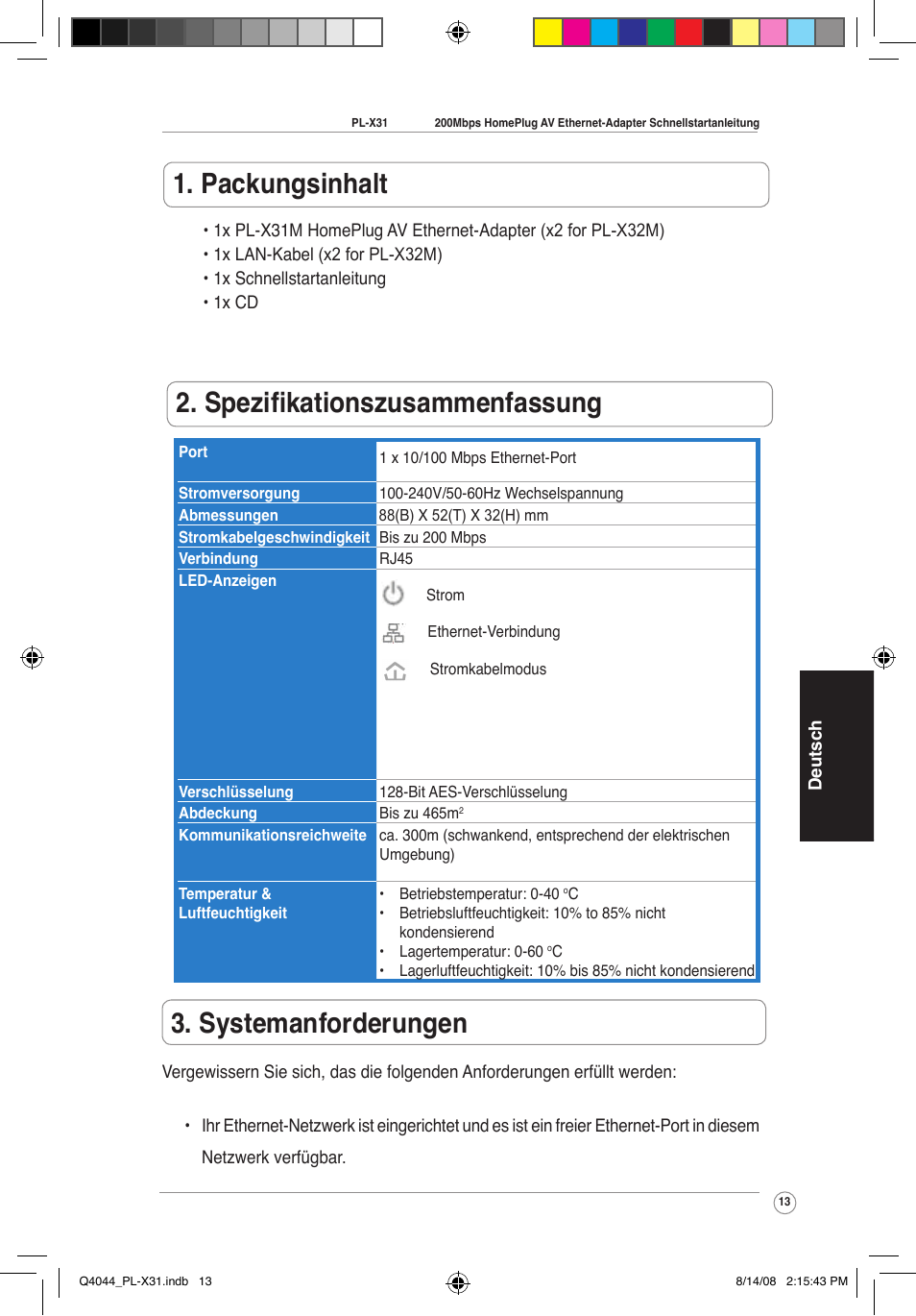 Packungsinhalt, Spezifikationszusammenfassung, Systemanforderungen | Asus PL-X31M/PL-X32M User Manual | Page 16 / 105