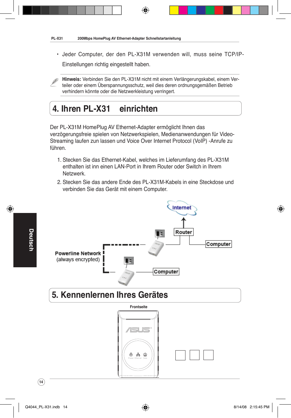 Kennenlernen ihres gerätes, Ihren pl-x310 einrichten | Asus PL-X31M/PL-X32M User Manual | Page 17 / 105