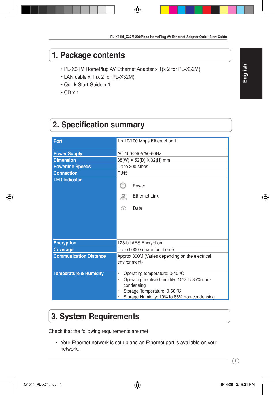 Package contents, Specification summary, System requirements | Asus PL-X31M/PL-X32M User Manual | Page 4 / 105