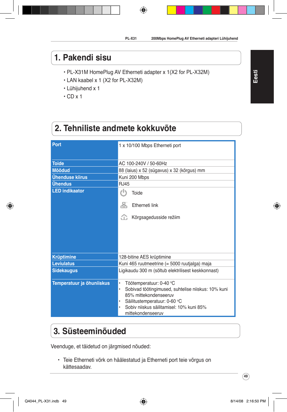 Pakendi sisu, Tehniliste andmete kokkuvõte, Süsteeminõuded | Asus PL-X31M/PL-X32M User Manual | Page 52 / 105