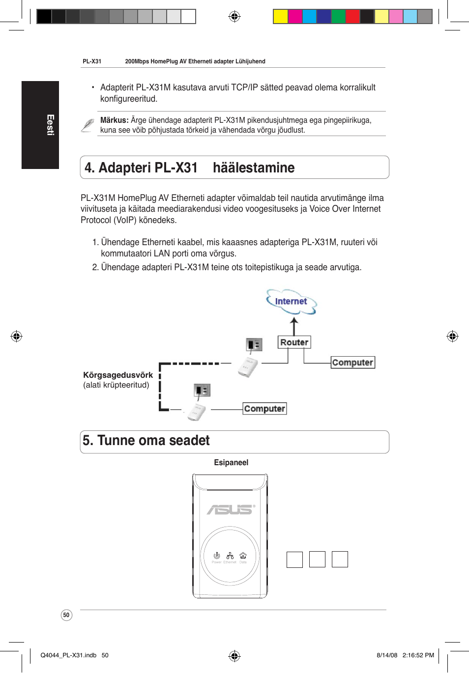 Tunne oma seadet, Adapteri pl-x310 häälestamine | Asus PL-X31M/PL-X32M User Manual | Page 53 / 105