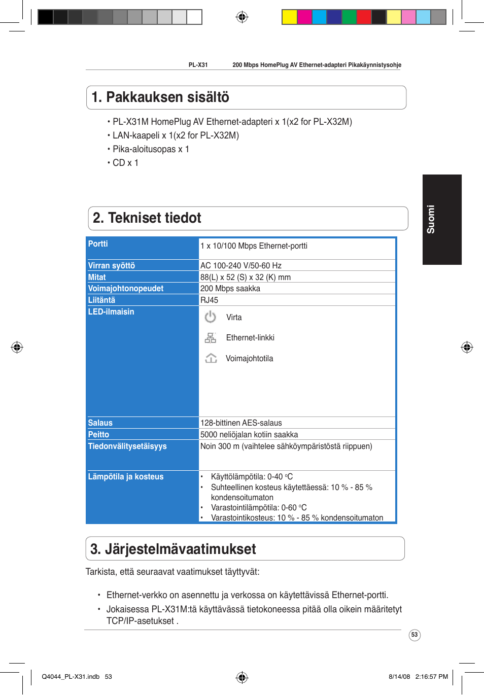 Pakkauksen sisältö, Tekniset tiedot, Järjestelmävaatimukset | Asus PL-X31M/PL-X32M User Manual | Page 56 / 105