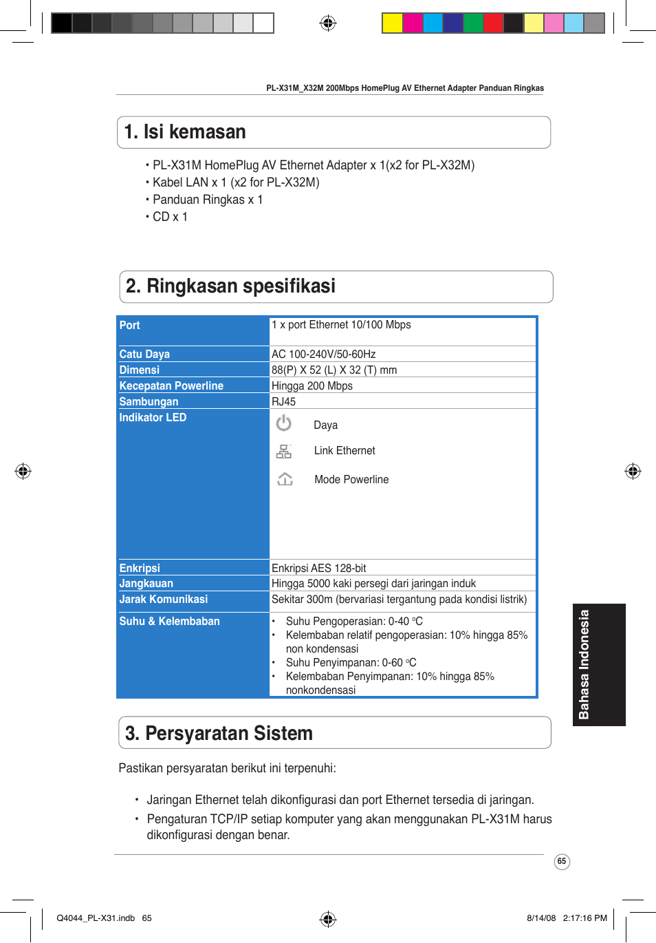 Isi kemasan, Ringkasan spesifikasi, Persyaratan sistem | Asus PL-X31M/PL-X32M User Manual | Page 68 / 105