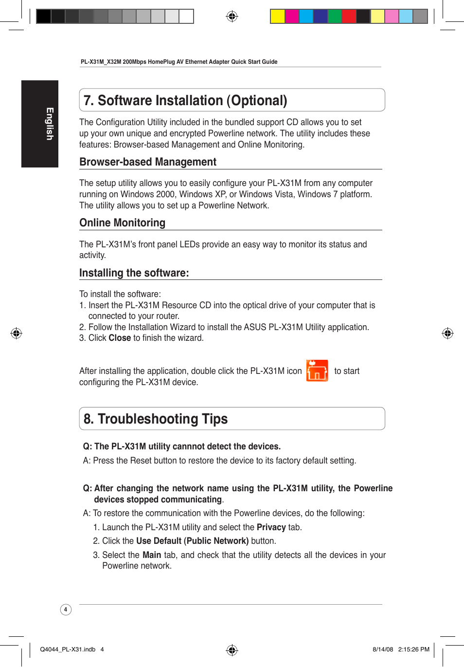 Software installation (optional), Troubleshooting tips, Browser-based management | Online monitoring, Installing the software | Asus PL-X31M/PL-X32M User Manual | Page 7 / 105