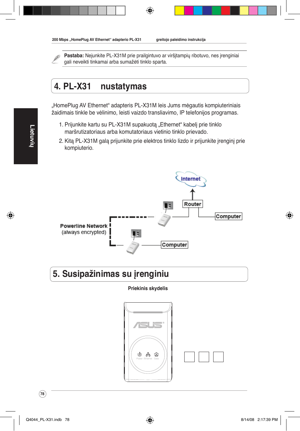 Susipažinimas su įrenginiu, Pl-x310 nustatymas | Asus PL-X31M/PL-X32M User Manual | Page 81 / 105