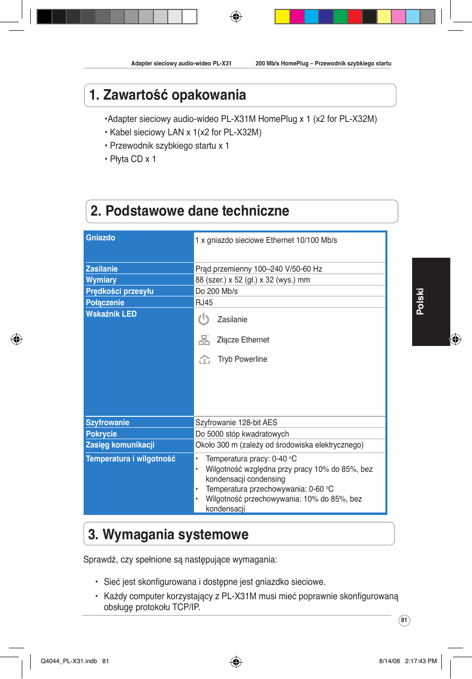 Zawartość opakowania, Podstawowe dane techniczne, Wymagania systemowe | Asus PL-X31M/PL-X32M User Manual | Page 84 / 105