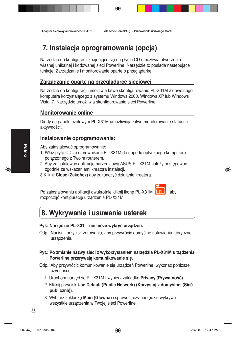 Wykrywanie i usuwanie usterek, Instalacja oprogramowania (opcja), Zarządzanie oparte na przeglądarce sieciowej | Monitorowanie online, Instalowanie oprogramowania | Asus PL-X31M/PL-X32M User Manual | Page 87 / 105