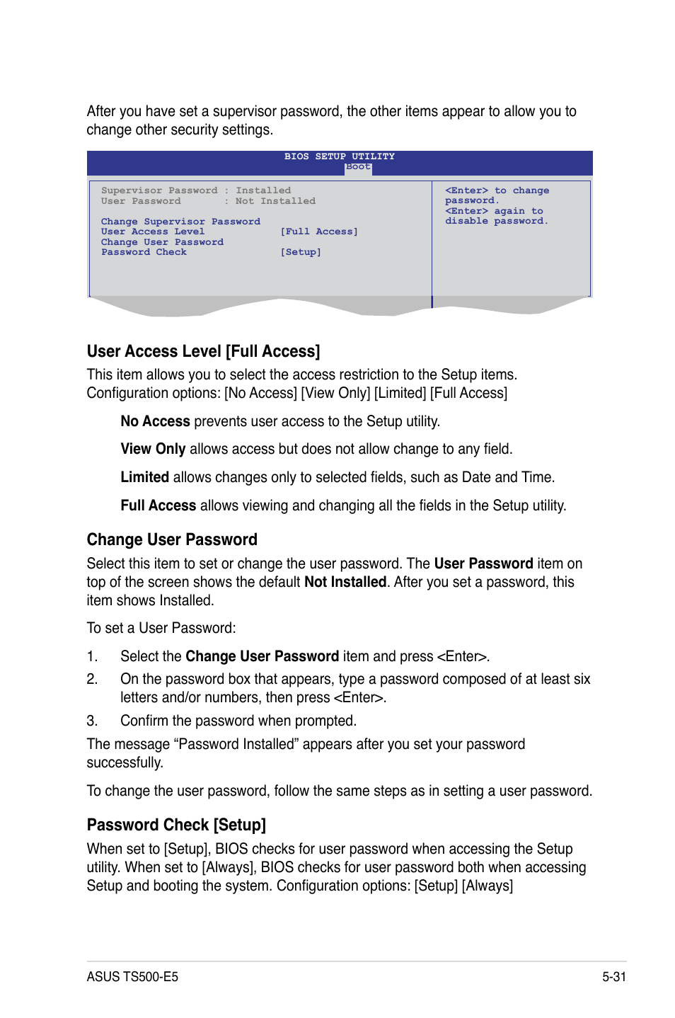 User access level [full access, Change user password, Password check [setup | Asus TS500-E5/RX8 User Manual | Page 103 / 164