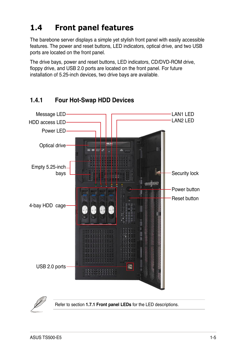 4 front panel features, 1 four hot-swap hdd devices, Front panel features -5 1.4.1 | Four hot-swap hdd devices -5 | Asus TS500-E5/RX8 User Manual | Page 15 / 164