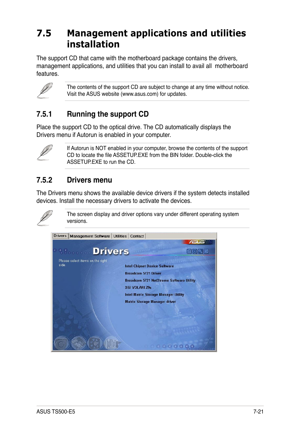 1 running the support cd, 2 drivers menu, Running the support cd -21 | Drivers menu -21 | Asus TS500-E5/RX8 User Manual | Page 163 / 164