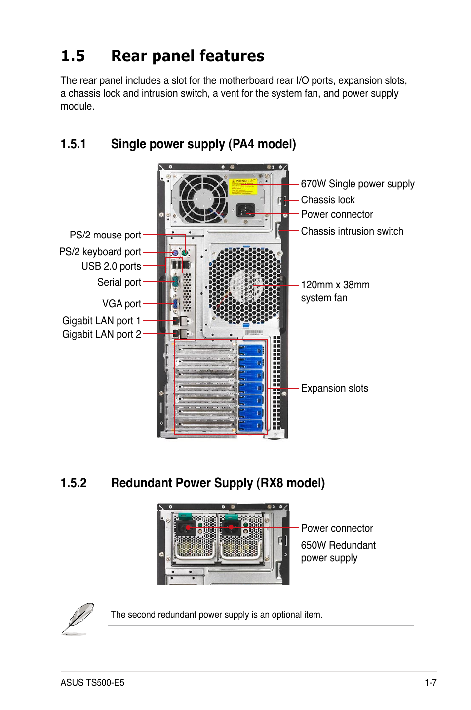 5 rear panel features, 1 single power supply (pa4 model), 2 redundant power supply (rx8 model) | Rear panel features -7 1.5.1, Single power supply (pa4 model) -7, Redundant power supply (rx8 model) -7 | Asus TS500-E5/RX8 User Manual | Page 17 / 164