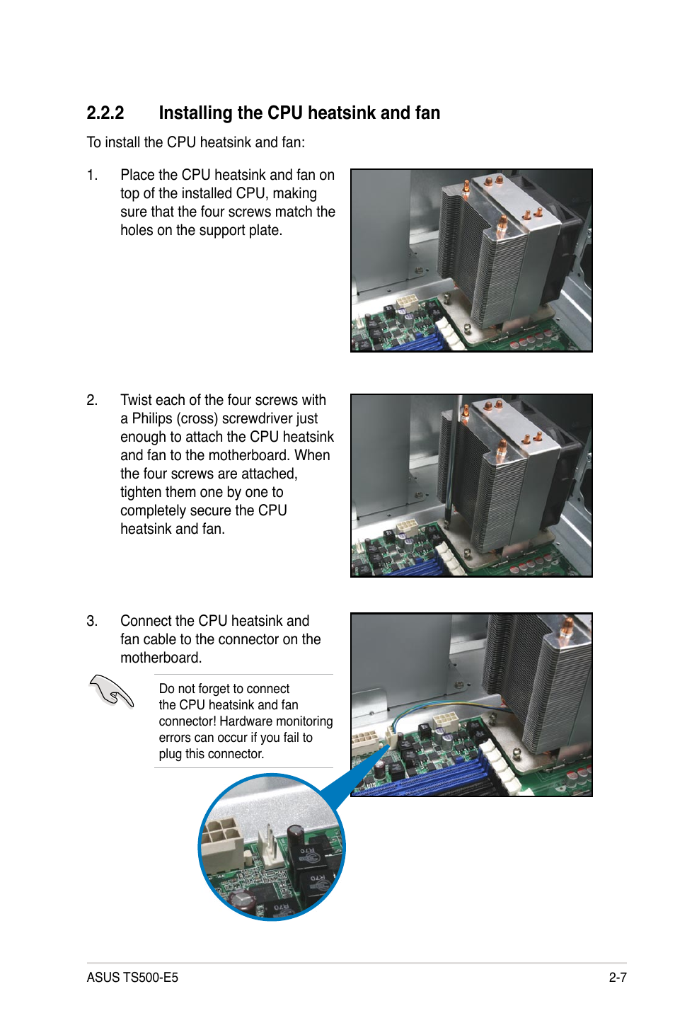2 installing the cpu heatsink and fan, Installing the cpu heatsink and fan -7 | Asus TS500-E5/RX8 User Manual | Page 27 / 164